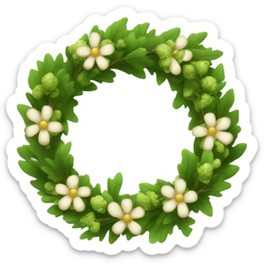 wreath of flowers and green oak leaves in style of iOS emoji sticker