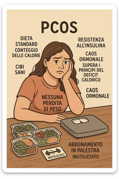 "Desperate woman with PCOS following standard calorie-counting diet, scale showing no weight loss despite strict adherence, expression of confusion and defeat, meal prep containers with healthy foods, insulin resistance making normal dieting ineffective, hormonal chaos overriding caloric deficit principles, gym membership unused due to lack of results scritte in italiano sticker