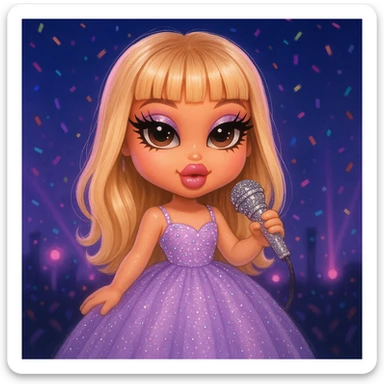 Pretty and girly Blonde pop star with bangs wearing a sparkly tulle light purple ballgown, holding a bedazzled microphone, reimagined as a cute Bratz doll, with a nighttime concert backdrop with colorful confetti sticker