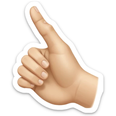 A realistic close-up photo of a right hand entering the frame from the bottom right corner, back of the hand facing the camera, pointing diagonally upwards to the left with only the thumb and index finger extended in a finger gun or L-shape gesture, other fingers closed and tucked in. sticker