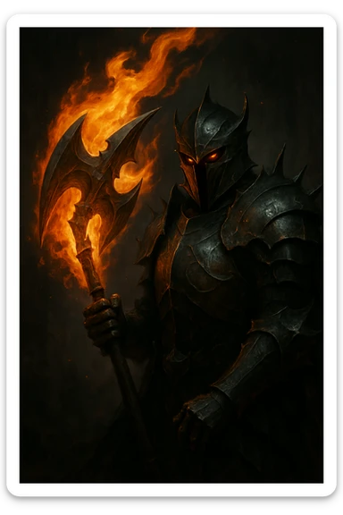 Make the flaming halbert super realistic, held by a scary, armored knight in a dark fantasy setting with dramatic lighting. Keep the background dark and moody, emphasizing realism and fantasy atmosphere. sticker