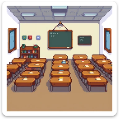 classroom scene with many students and a teacher in pixel art style sticker