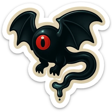 an all black reptilian bat-like creature. One cyclopian red eye in its face. no visible mouth or ears. 2 hind legs with claws. has a long tale with a stinger that drips green poison. no ears. no horns. no arms. visible bone-like stinger at end of tail sticker