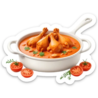 Cinematic Realistic Butter Chicken Dish Emoji, depicted with tender chicken simmered in a creamy tomato‚Äêbased sauce rendered with rich textures and dynamic, appetizing lighting. sticker