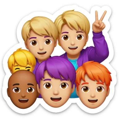 Cinematic Realistic BTS Pop Culture Emoji, featuring a dynamic, energetic portrayal of the acclaimed K-pop group rendered with vibrant textures and energetic, colorful lighting. sticker