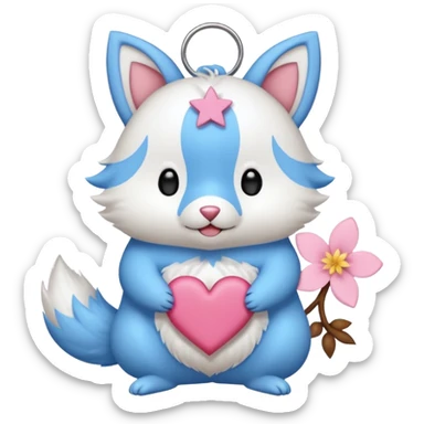 GENERATE ME A MOMONGA WHITE ANIMAL  FROM CHIIKAWA AND PUT A SAKURA FLOWER ON HIS HEAD AND A STAR PELT ON HIS BELLY AND A HEART PURSE ON HIS ARM WITH HIS FACE MAKE HIS TOUNGE STICK OUT WITH A LITTLEPINCH OFDROOL AND MAKE HIM ANIME STYLED ART GIVE HIM A BIG BLUE FLUFFY TAIL JUST TAIL sticker