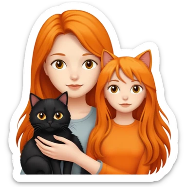 A long-haired girl holding a black cat and an orange long haired cat sticker