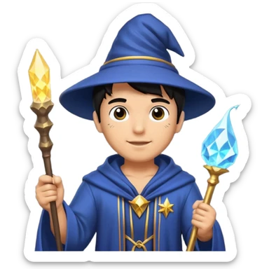 mach mir einen fitness typen in einem zauberer outfit mit schwarzen harren und ein leuchtendem zauberstab sticker