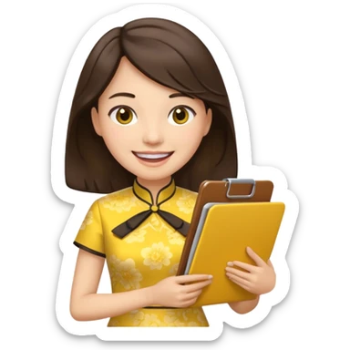 Teacher emoji but : wavy (not straight) dark brown hair, light skin, no glasses, dark eyes, with a computer folder in the hand (color is yellow), being a teacher, wearing a chinese qipao ( dark blue), smile with teeth




 sticker