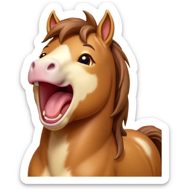 Cinematic Cute Yawning Bay Horse Portrait Emoji, Head tilted slightly with a dramatic, wide-open yawn, revealing a smooth bay fur with a subtle luster, floppy ears slightly drooping, round amber eyes barely open in drowsy contentment, Simplified yet irresistibly adorable features, highly detailed, glowing with a soft, cozy glow, high shine, relaxed yet expressive, stylized with a touch of equine whimsy, bright and endearing, soft glowing outline, capturing the essence of a sleepy yet affectionate horse, so drowsy it feels like it could stretch out of the screen and curl up for a nap! sticker