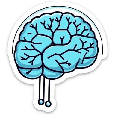 Cute sticker of a pearl and light blue capsule floating around a transparent brain with sparkling neural connections, surrounded by a gentle focus enhancing fog sticker