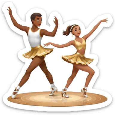 Icon for Sports Dance: a couple performing an energetic synchronized dance in competitive attire, with dance shoes, a rhythmic dance floor, and a competition backdrop. The icon should represent athleticism, technique, and precision. Transparent background. sticker