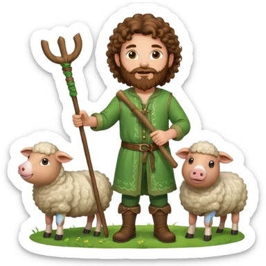 happy young shepard with long curly brown beard and long curly brown hair, in green magical outfit, with wooden shepard stick in hands, taking care of sheep and pigs sticker