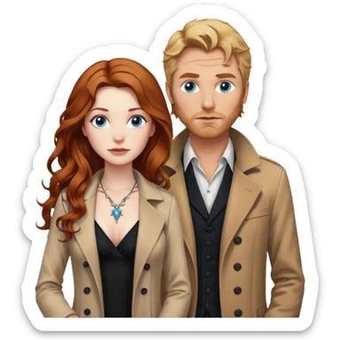 J9hn Constantine and Long wavy Auburn hair woman BLUE eyes wearing black cami and one tattoo sleeve sticker