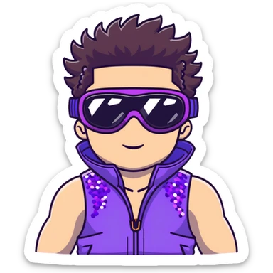 close-up of bad guy male athlete with white skin and moderately curly dark brown hair on top with shaved sides, wearing ski goggles with purple frames and very dark black lenses, a simple plain black chain necklace, and a completely unzipped sleeveless vest with purple and black sequin fire pattern design with no logo, with an extremely arrogant expression sticking his tongue out mockingly, looking menacing and villainous sticker