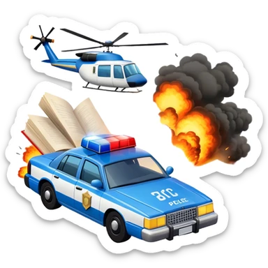 Icon for Action & Crime Reading: an open large book with text on the pages, a police car is driving out, with explosions behind, a helicopter flying above, a pistol with bullets in the front. The icon should capture the thrilling action and suspense of crime stories. Transparent background. sticker