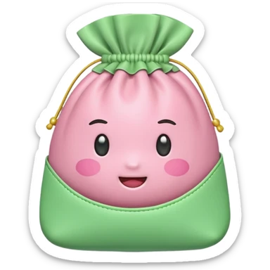 A Korean fortune pouch (bokjumeoni) in iPhone emoji style, pastel pink and light green colors, soft 3D glossy texture, centered, no outlines, transparent background. no face sticker
