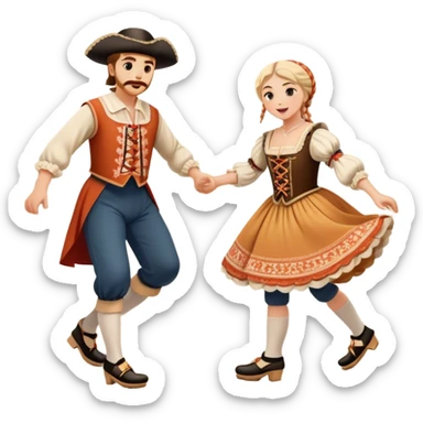 Cinematic Realistic scene of two performers executing the Klompendans, dressed in traditional Dutch costumes complete with wooden clogs and detailed folk patterns, captured in lively motion with soft, natural lighting sticker