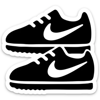 A pair of Nike Cortez sneakers in a black filled icon style, with a minimalist design. sticker