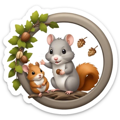 Icon for Rodents: A vibrant collage featuring a playful hamster in a wheel, a fluffy gray mouse with large ears, and a cheeky squirrel holding an acorn. Background with scattered seeds and tree branches. Transparent background. sticker