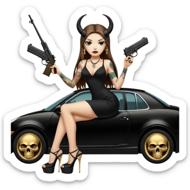 Sensual woman long brown straight haired sexy drug lord woman with tattoos on arm sleeves and black thick butt platform high heels on her feet, and devil black horns on her head, she is holding a skull head and a gun. Sitting on gold car full of cash , long black dress with sexy slit sticker