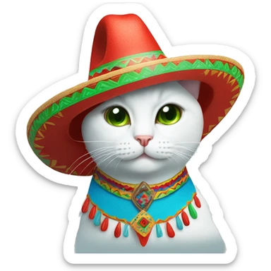 White cat with blue tears on the cheeks wearing a green and red Mexican sombrero sticker