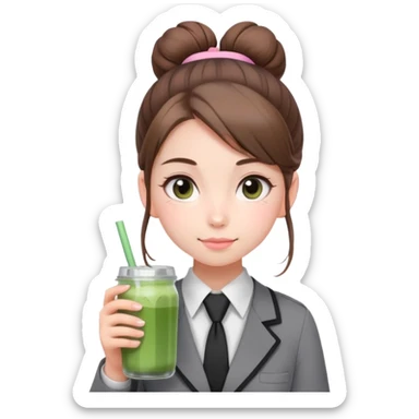 a cute face girl have bright white skin with brown one hair bun and a gray school uniforms and a black
tie, she use a pastel pink bagpack and
she brought a glass of matcha drink. sticker