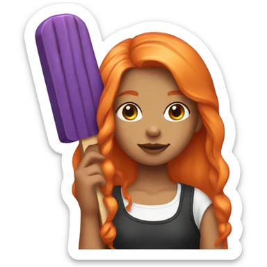 A girl with orange hair holding a purple popsicle  sticker