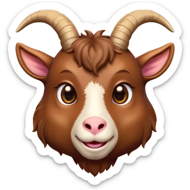 Cinematic Cute Brown Goat Portrait Emoji, Head tilted playfully and inquisitively, featuring a glossy, rich brown fur with charming curved horns, round, sparkling eyes filled with gentle curiosity, Simplified yet irresistibly adorable features, highly detailed, glowing with a warm, friendly glow, high shine, affectionate and lively, stylized with a touch of rustic whimsy, bright and endearing, soft glowing outline, capturing the essence of a mischievous yet loving goat, so playful it feels like it could trot out of the screen and into your arms! sticker