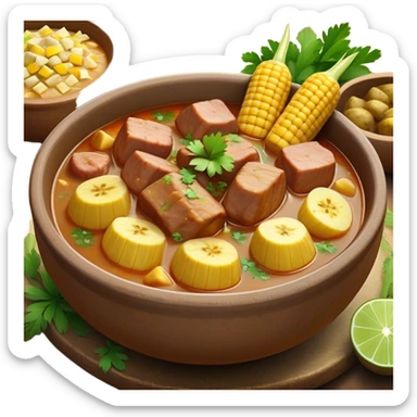 Cinematic Realistic Sancocho Antioqueño Emoji, depicting a hearty Colombian stew brimming with tender cuts of meat, yuca, plantains, corn on the cob, and potatoes in a rich, flavorful broth. Served in a rustic clay bowl with fresh cilantro and lime on the side, rendered with warm, inviting textures and homely, comforting lighting. sticker