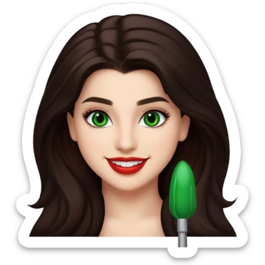 Lauren Jauregui with long dark brown hair, green eyes, red lip sticker