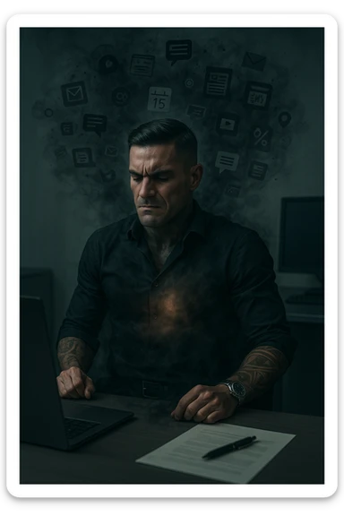 A highly realistic, cinematic image of a young man in his early 30s, sitting at a modern office desk under harsh artificial lighting, shoulders hunched, jaw clenched, and breathing shallowly, symbolizing how modern society forces people to live in a state of chronic tension and restricted breathing. Around him, faint black and grey visual elements represent notifications, deadlines, social media icons, and news alerts, swirling around his head like a chaotic storm, symbolizing societal pressure. His chest appears visually tight and compressed, and faint dark smoke emanates from his body, representing blocked breath and internalized stress. In contrast, a faint glowing light near his chest and abdomen tries to expand, symbolizing the innate desire of the body to breathe freely and deeply. The environment is cold and minimalistic, with a sense of stillness and tension, captured in a hyperrealistic 35mm film style with muted colors, focusing on the man's tense posture and restricted breathing to reflect the unseen burden of modern living. sticker
