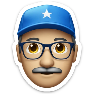 Homme européen yeux bleus avec une moustache portant des lunettes bleues  une casquette jordan bleu un survêtement bleu sticker