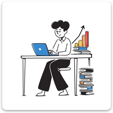 Academic research setup with an open laptop, stack of colorful books, and a rising data chart graph with upward trend. Hand-drawn doodle style with blue laptop screen, multicolored book spines, and a colorful bar chart. sticker