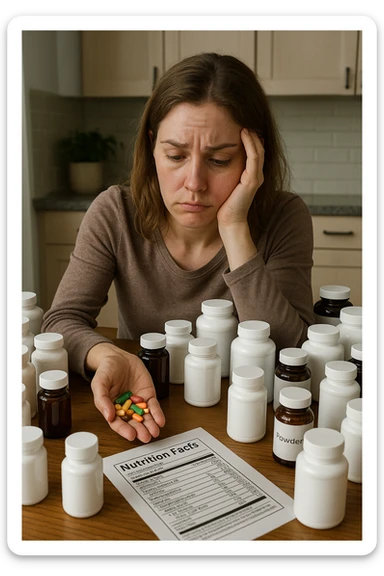 a woman in her 30s sits at her kitchen table, surrounded by dozens of supplement bottles, powders, and pills. She looks anxious and fatigued, with her head resting in one hand while the other holds a handful of colorful capsules. On the table, a nutrition chart is ignored, and her skin appears slightly dull or stressed. The mood is cautionary and educational. in italiano sticker