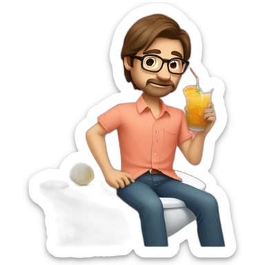 man with brown hair, octagonal glasses, and salmon colored shirt sitting on the toilet, drinking a cocktail. Sitting on the toilet in the bathroom sticker