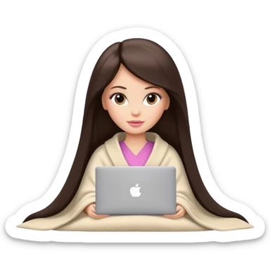 Barbie girl with a long straight dark brown hair inside a pale beige blanket working macbook  sticker