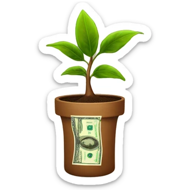 a plant in a brown money pot growing dollar bills as the tree sticker