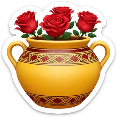 Yellow ceramic pot with red roses; the pot is decorated in an ethnic style. sticker