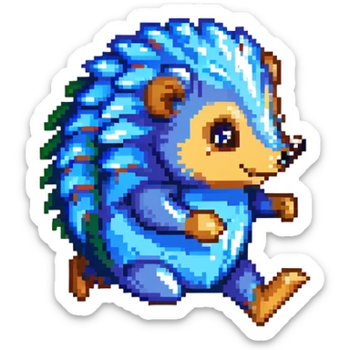 scene of a blue spiky hedgehog running fast through a vibrant landscape with checkerboard hills, floating gold rings, and blurred background, energetic and adventurous sticker