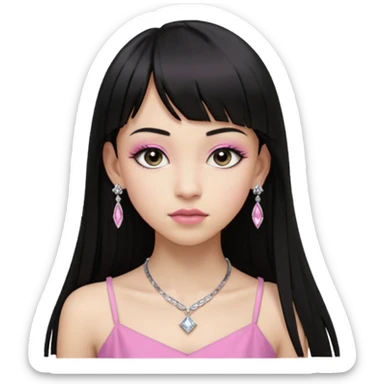 Cabelos pretos longos lisos ,com franja curvada .olhos pretos puxadinho para cima. Cílios longos curvados. Pele clara ,nariz pequeno ,lábios carnudos ,adolescente 16 anos ,vestido rosa de alça, colar pequeno prata ,brinco de diamante pequeno  sticker