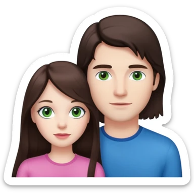 pink polaroid photo of a couple thats white with long brunette hair blue eyes and a white guy with short brunette hair and green eyes sticker