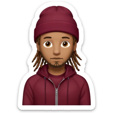 Animate a caramel skinned male with brown dreads and a tan beanie with a burgundy tracksuit on with no beard  sticker