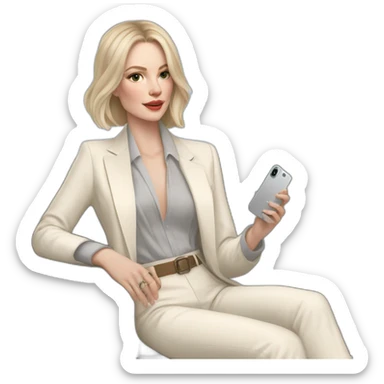 pale skin woman with ash blonde Straightened bob Hair, White Spacious classical jacket, beige palazzo Arrow pants and gray blouse holding white IPhone 15 pro in the hands sticker