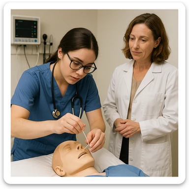 A student performing a clinical procedure on a mannequin or patient, with a teacher supervising, medical training, healthcare education sticker