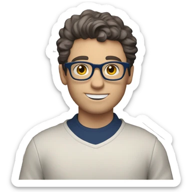 caucasian white boy with dark wavy  hair, blue glasses, and carrying design paper plan because he is an architect carrying a pencil and a set model maquette. wearing a navy blue long sleeve sweater shirt. smart.  sticker