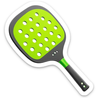 Modern Pickleball paddle graphite without holes, dark grey. 1 ball beside or on top the paddle florescent green at 45 degrees sticker