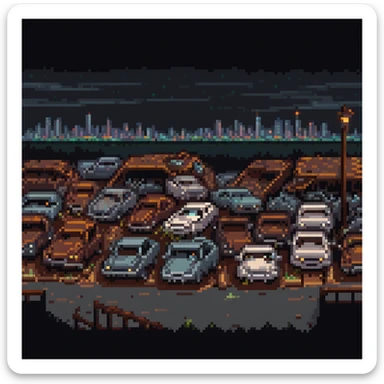 Pixel art junkyard at night, crushed cars, rusty metal, broken fence, flickering light, city lights far in the background, vertical 9:16 scene, side-view camera, retro arcade fighting stage
 sticker