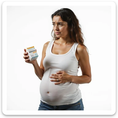 hyperrealistic 4K vertical 9:16 portrait of a woman with PCOS or insulin resistance, tired and frustrated face, holding a box of Metformin looking at it with disappointment, touching her still bloated belly with the other hand, white background sticker