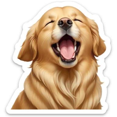 Cinematic Cute Yawning Golden Retriever Portrait Emoji, Head tilted slightly with a dramatic, wide-open yawn, revealing a silky golden coat with a subtle shimmer, floppy ears slightly drooping, round brown eyes barely open in drowsy contentment, Simplified yet irresistibly adorable features, highly detailed, glowing with a soft, cozy glow, high shine, relaxed yet expressive, stylized with a touch of whimsy, bright and endearing, soft glowing outline, capturing the essence of a sleepy yet affectionate companion, so drowsy it feels like it could stretch out of the screen and curl up for a nap! sticker
